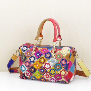 Cowhide Handbags with Colorful Flower Design