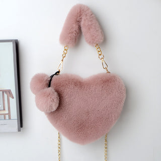 Soft Plush Heart-Shaped Handbag - Women’s Valentine's Day Fur Bag with Zipper Closure