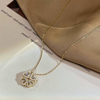 Retro Magnetic Folding Heart-Shaped Four Leaf Clover Pendant Necklace for Women