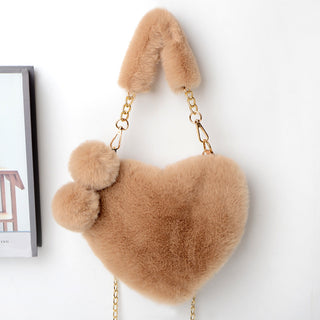 Soft Plush Heart-Shaped Handbag - Women’s Valentine's Day Fur Bag with Zipper Closure