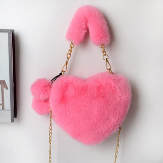 Soft Plush Heart-Shaped Handbag - Women’s Valentine's Day Fur Bag with Zipper Closure